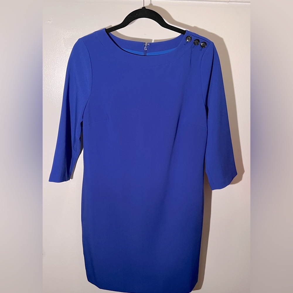 Banana Republic new with tags blue dress with black buttons at shoulders. Size 8